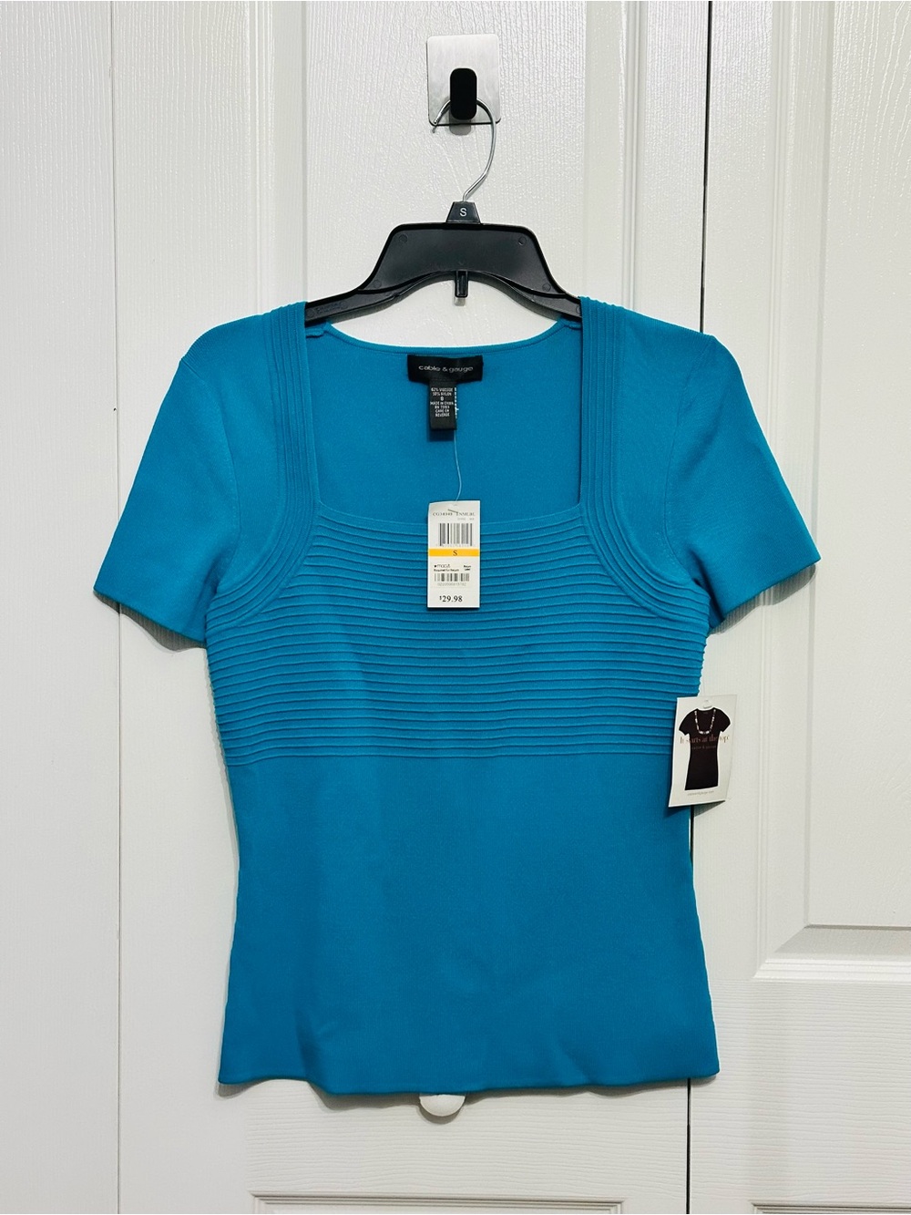 Cable & Gauge Turquoise Blue Square Neck Ribbed Knit Top Size S NWT